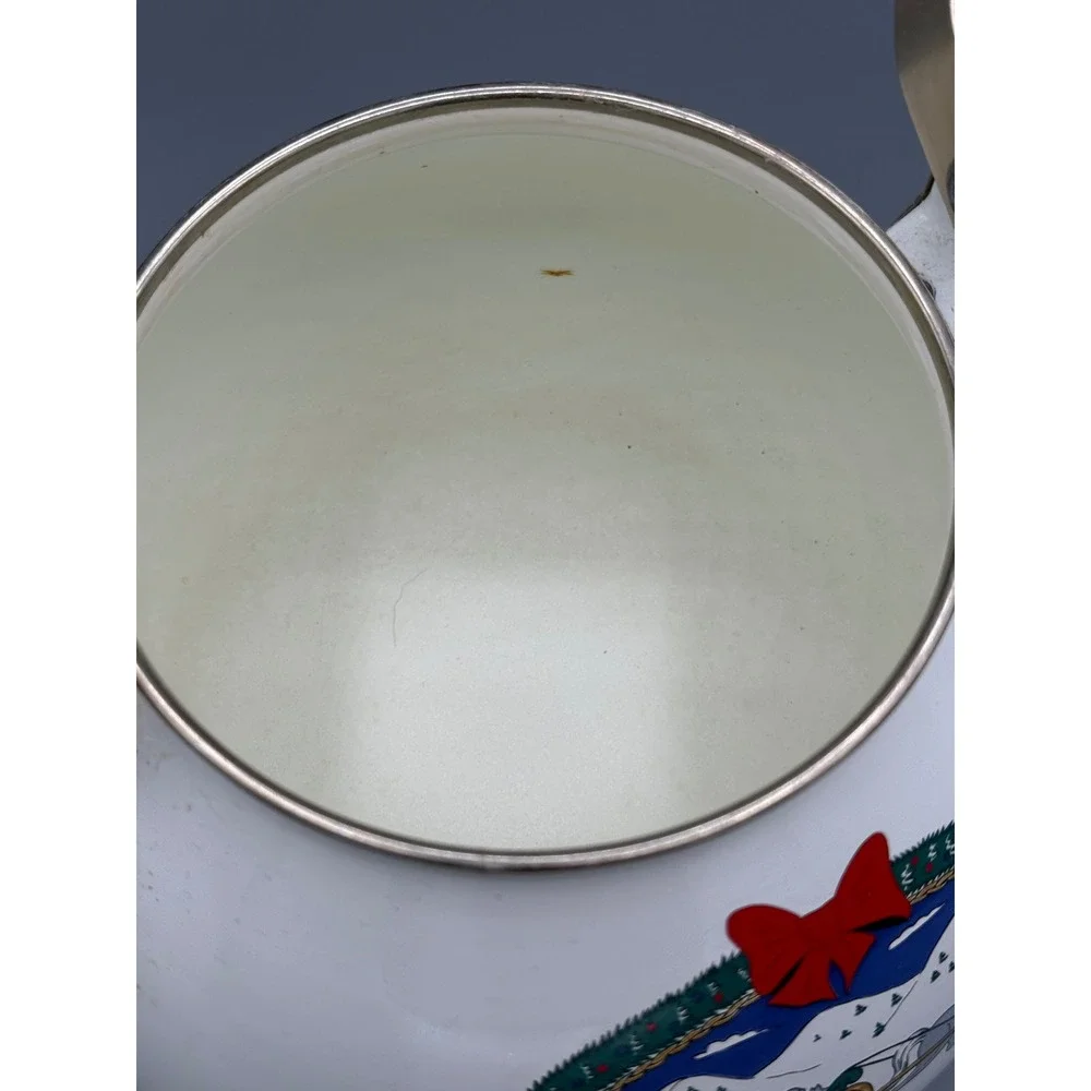 Vintage‎ Christmas Enamel Tea Kettle White Sleigh Ride Holiday Tea Pot